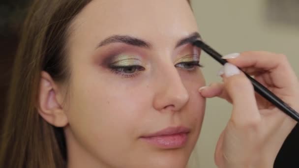 Profesionální make-up umělec klade oční stíny na klienta salonu krásy. — Stock video