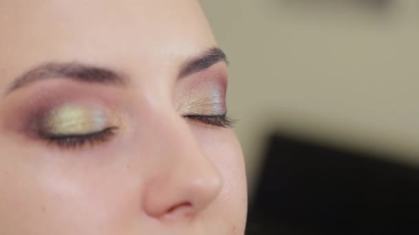 Profesjonalne makijaż artysta kładzie cień na klienta salonu piękności. — Wideo stockowe