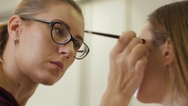 Professioneller Maskenbildner legt Lidschatten auf Kundin eines Schönheitssalons. — Stockvideo