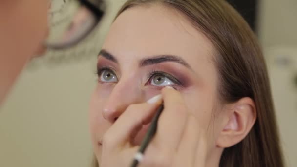 Professionell makeup artist sätter ögonskugga på en klient av en skönhetssalong. — Stockvideo
