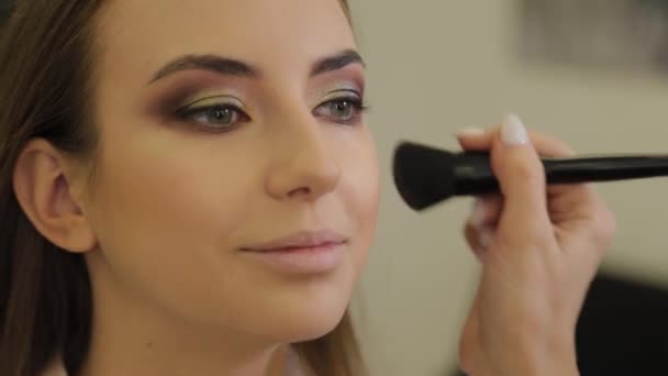 Profesionální make-up umělec dělá make-up na klienta kosmetického salonu. — Stock video