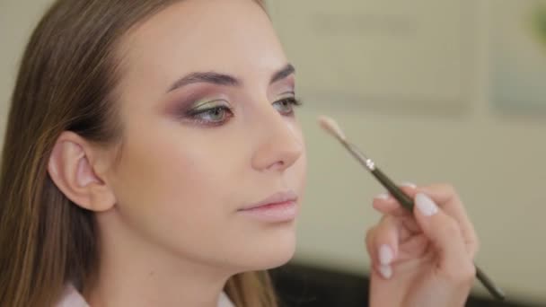 Artista de maquillaje profesional hace maquillaje a un cliente de un salón de belleza . — Vídeo de stock