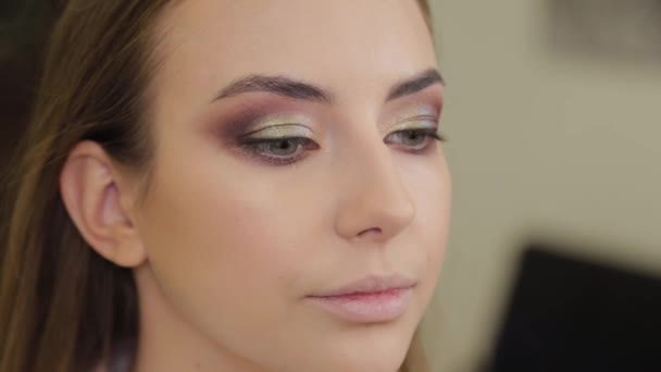 Professionell makeup artist gör makeup till en klient av en skönhetssalong. — Stockvideo