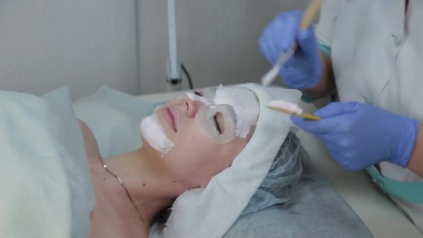 Mulher esteticista profissional aplicando máscara ao cliente com pincel facial . — Vídeo de Stock