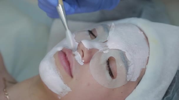 Mulher esteticista profissional aplicando máscara ao cliente com pincel facial . — Vídeo de Stock