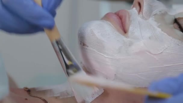 Professionele schoonheidsspecialiste vrouw aanbrengen masker op cliënt met gezicht borstel. — Stockvideo