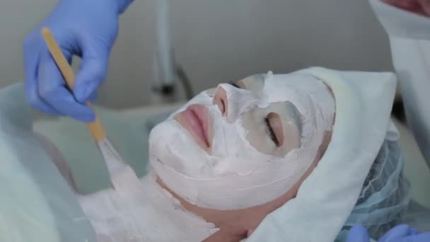 Professional beautician woman applying mask to client with face brush. — Stock Video