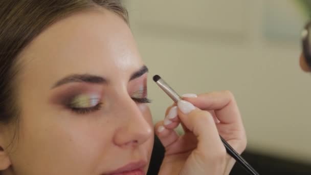 Artista de maquillaje profesional pone sombra de ojos en un cliente de un salón de belleza . — Vídeos de Stock