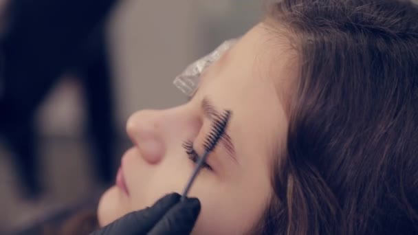 Professionell mästerlig ögonbrynskvinna tar bort filmen från ögonbrynet och tar bort vätska på ögonbrynen i en skönhetssalong. — Stockvideo