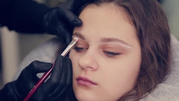 Profesional maestro de cejas mujer dibuja las cejas al cliente en un salón de belleza . — Vídeo de stock