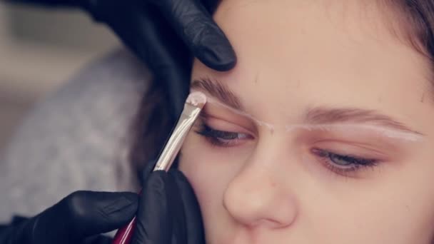 Profesional maestro de cejas mujer dibuja las cejas al cliente en un salón de belleza . — Vídeo de stock