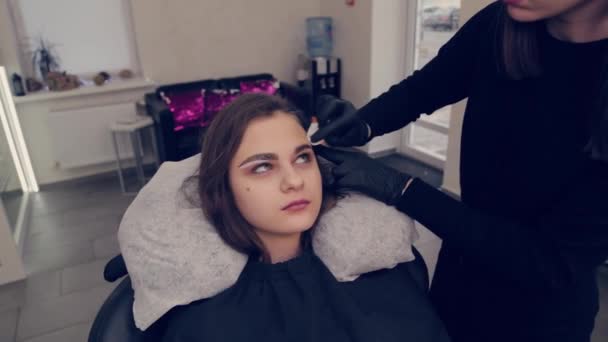 Professional woman eyebrow master cleans eyebrows to client in beauty salon. — 비디오