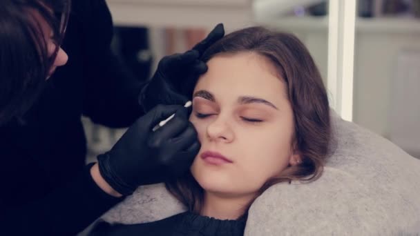 Profesionální žena obočí master rukojeť bavlněné poupě s obočím na klienta v salonu krásy. — Stock video