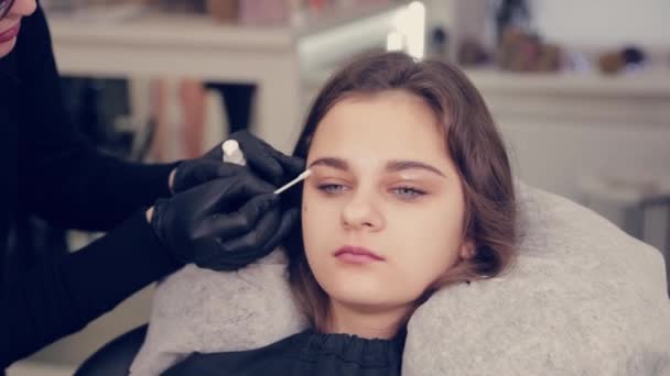 プロの女性眉マスターは、美容室でクライアントに眉と綿の芽を処理します. — ストック動画
