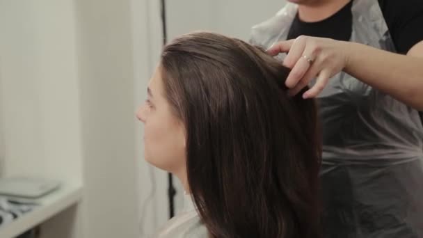 Peluquería profesional mujer prepara los clientes cabello para el corte de pelo . — Vídeos de Stock