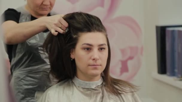 プロの美容師の女性はヘアカットのためのクライアントの髪を準備. — ストック動画