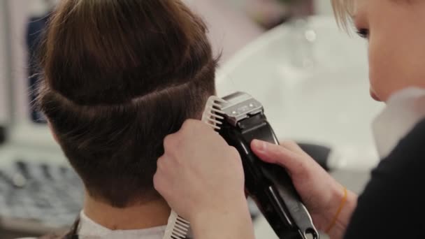 Profesyonel kuaför kadın saç kesme makinesiyle müşteriye saç kesiyor.. — Stok video