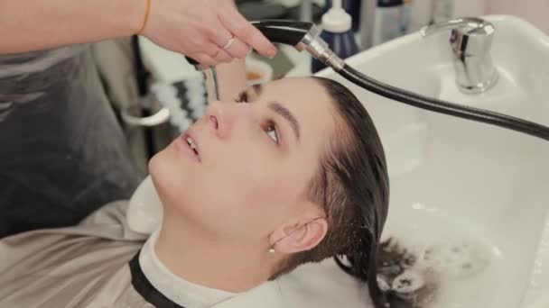 Peluquería profesional mujer lava el cabello al cliente . — Vídeo de stock