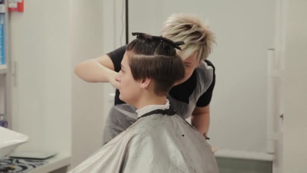 Cabeleireiro profissional mulher fazendo penteado no cabelo molhado ao cliente . — Vídeo de Stock