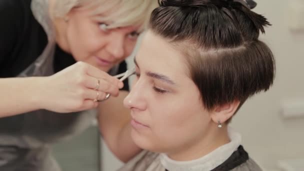 Peluquería profesional mujer haciendo peinado en el pelo mojado al cliente . — Vídeos de Stock