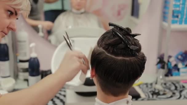 Cabeleireiro profissional mulher fazendo penteado no cabelo molhado ao cliente . — Vídeo de Stock