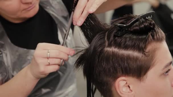 Peluquería profesional mujer haciendo peinado en el pelo mojado al cliente . — Vídeo de stock