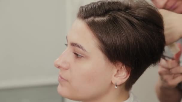 Професійна перукарка робить зачіску на вологе волосся клієнту . — стокове відео