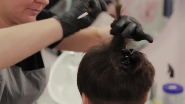 Професійна перукарня розчісує дівчину . — стокове відео