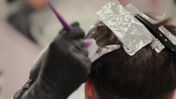 Professional hairdresser woman dyes girls hair with hair dye on foil. — Stock Video