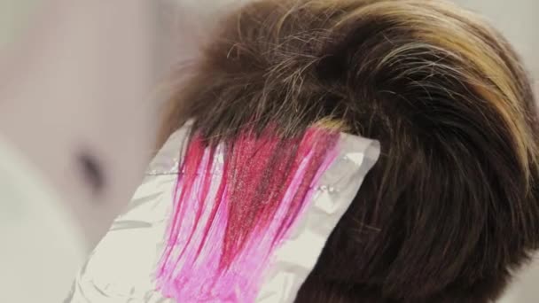 Profesionální kadeřnice žena myje vlasy barvení dívka. — Stock video