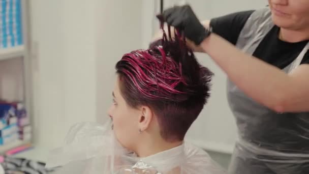 Professionelle Friseurin Frau macht Haarstyling für Kunden nach dem Färben. — Stockvideo