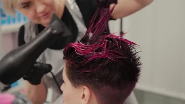 Professionelle Friseurin Frau macht Haarstyling für Kunden nach dem Färben. — Stockvideo