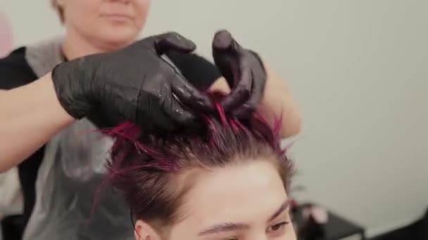 Cabeleireiro profissional mulher fazendo estilo de cabelo para o cliente após o tingimento . — Vídeo de Stock