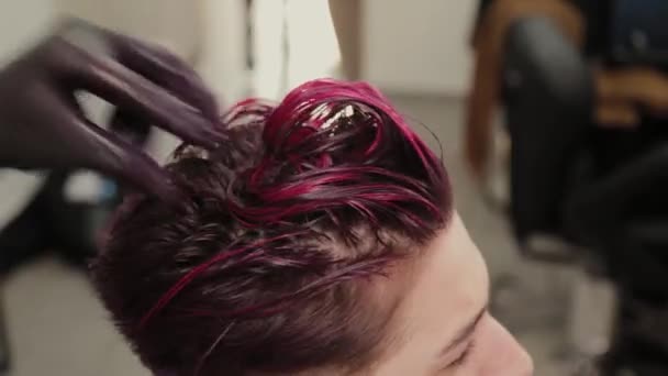 Profesjonalna fryzjerka robi fryzurę do klienta po farbowaniu. — Wideo stockowe