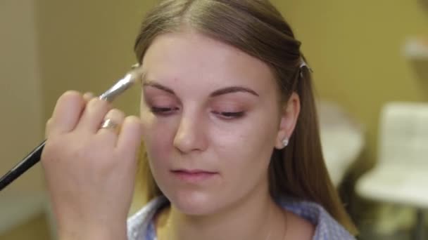 Professionell make-up artist applicerar foundation på ansikte till kund. — Stockvideo