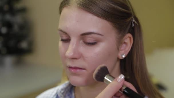 Artista de maquiagem profissional aplica fundação no rosto do cliente . — Vídeo de Stock