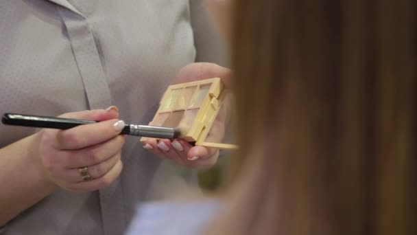 Professionele make-up kunstenaar borstelt verf uit een kleurenpalet. — Stockvideo