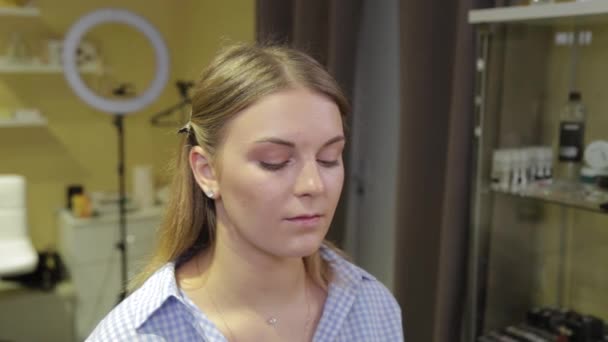 Professionell makeup artist applicera makeup borste till klienten. — Stockvideo