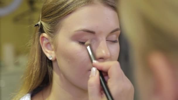 Professionell makeup artist applicera makeup borste till klienten. — Stockvideo