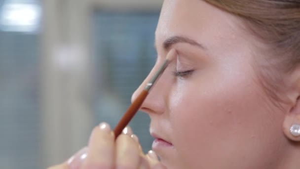 Professionele make-up kunstenaar met een borstel brengt oogschaduw aan op een klant in een schoonheidssalon. — Stockvideo