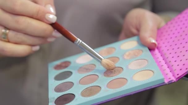 Artista de maquiagem profissional escova tinta de uma paleta de cores . — Vídeo de Stock