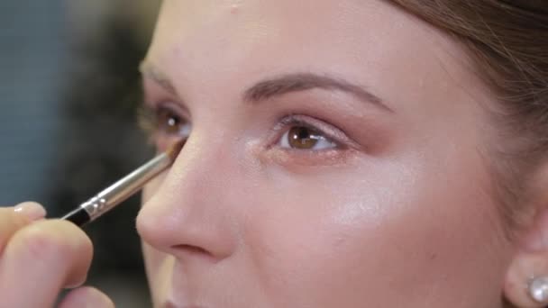 Professional make-up artist with a brush applies eye shadow to a client in a beauty salon. — Stock Video