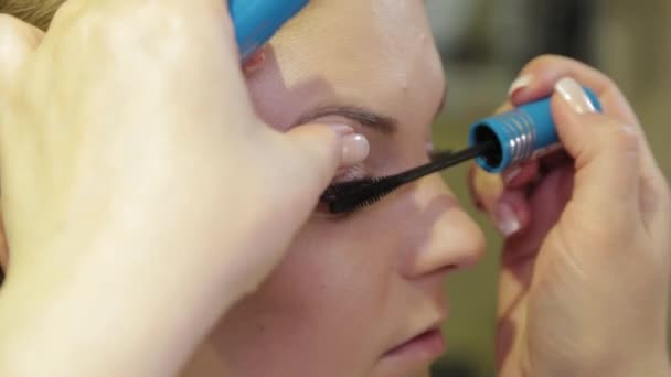 Professionele make-up kunstenaar schildert wimpers aan een klant. — Stockvideo