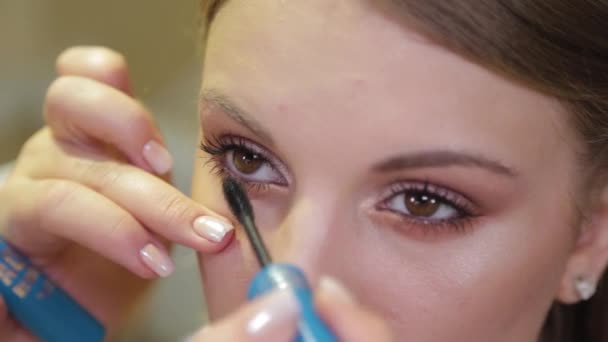 Professionele make-up kunstenaar schildert wimpers aan een klant. — Stockvideo