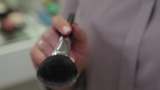 En palett med ögonskuggor och makeup borste: womens kosmetika. Morgon make-up. Dekorativt smink: en palett med ögonskuggor, en borste. Kvällen make-up. Detaljer för make-up artisterna arbeta. — Stockvideo