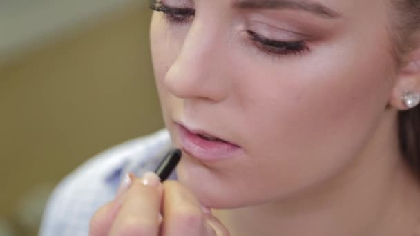 Professionell makeup artist borsta läppstift på klientens läppar. — Stockvideo