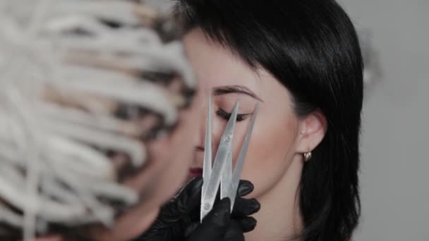 Artista de maquiagem permanente profissional faz marcação de sobrancelha para um cliente . — Vídeo de Stock