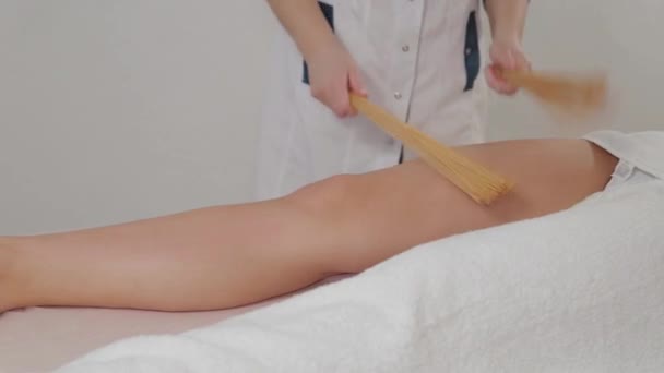 Vrouw massage therapeut doen massage met bamboe sticks naar een jong meisje. — Stockvideo