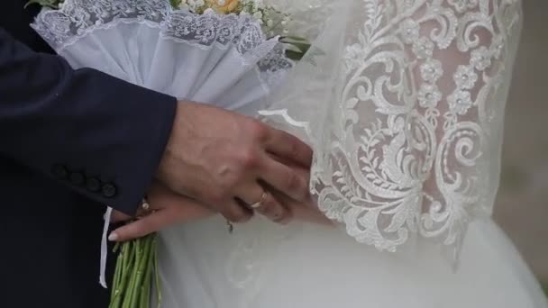 Felices recién casados se acarician las manos . — Vídeo de stock