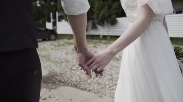 Mutlu yeni evliler el ele tutuşup yürür. — Stok video